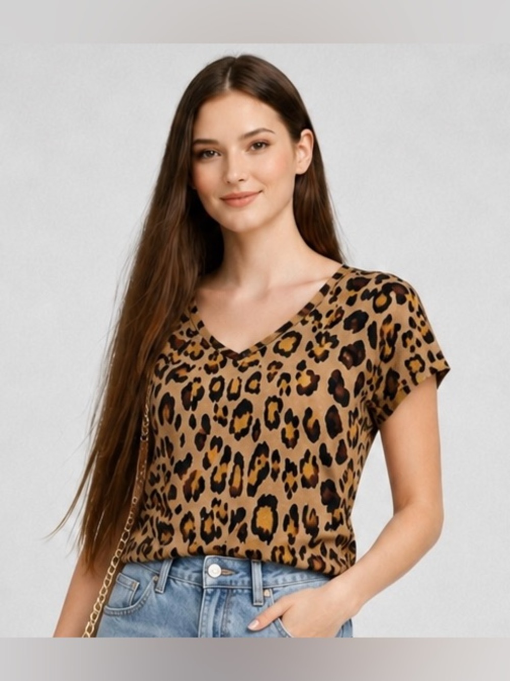 CHAPS Women’s Leopard Print V-Neck Short Sleeve 100% Cotton‎ T-Shirt Top S